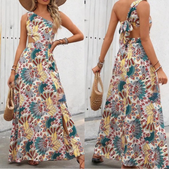 Boho one shoulder open back slit thigh maxi dress  shoulder - Picture 4 of 4
